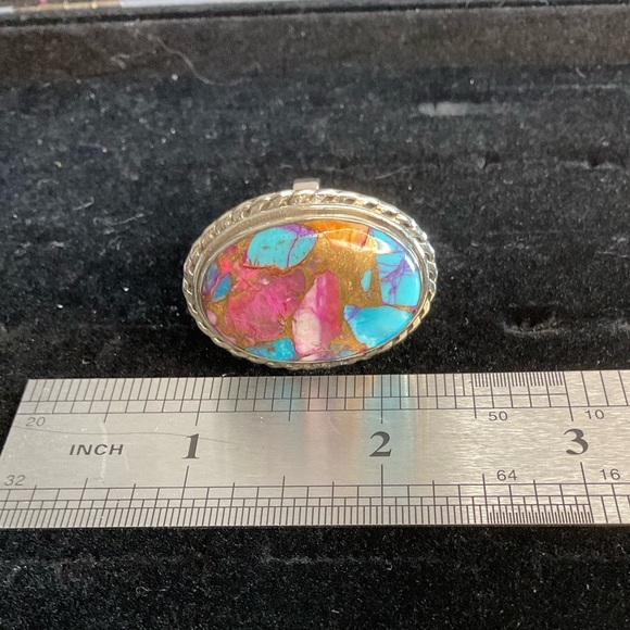 Large Pink Dahlia Oval Stone w/ Turquoise, 925 Sterling Silver Ring - Picture 2 of 3